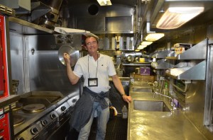 In the stainless steel operational kitchen.