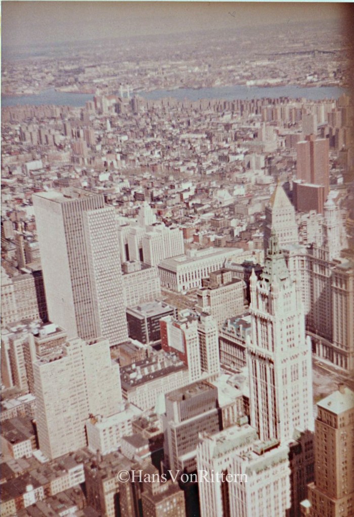 Northeast view from the original World Trade Center Tower. Woolworth Tower below. 