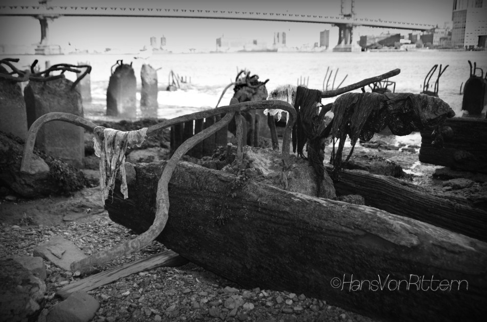 The shores of the East River, under the Brooklyn Bridge. 