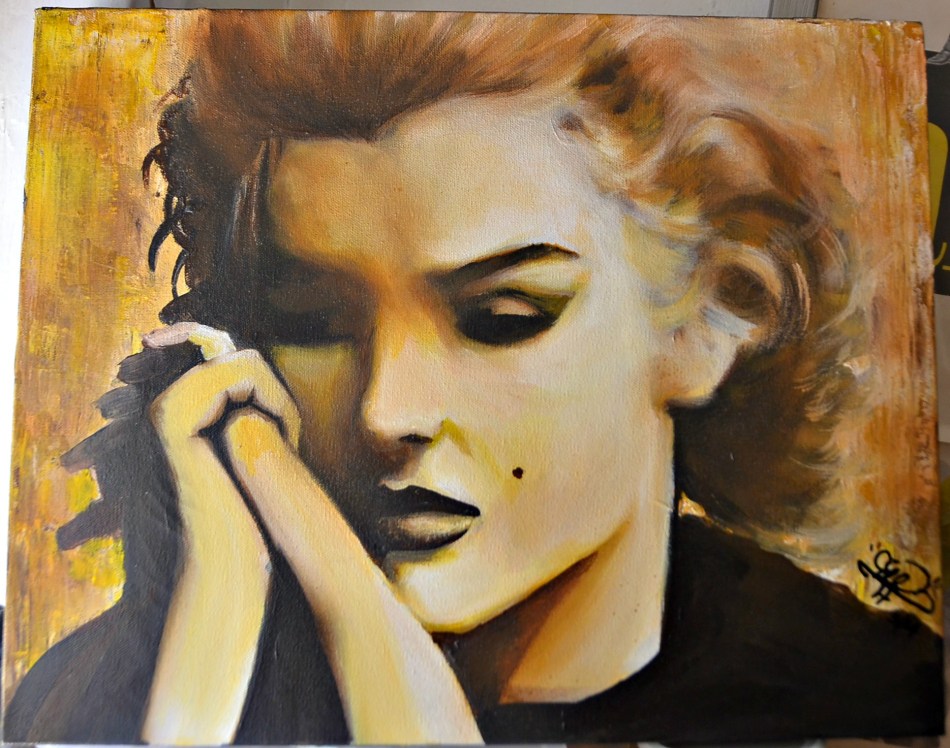 What is so haunting about it, is that it is not 'wet lip Marilyn', or 'skirt blowing Marilyn'. It beautifully sad reflective 1962 Marilyn portrayed as a human being - not symbol. Notice the painting goes from light (right side) to the dark side (on the left). 