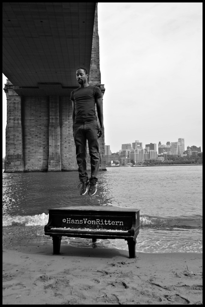 Mason and Hamlin piano in East River under Brooklyn Bridge